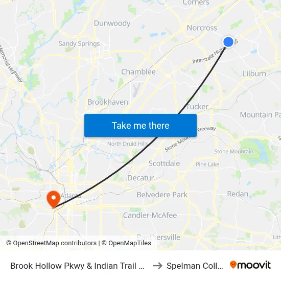 Brook Hollow Pkwy & Indian Trail Rd Ob to Spelman College map