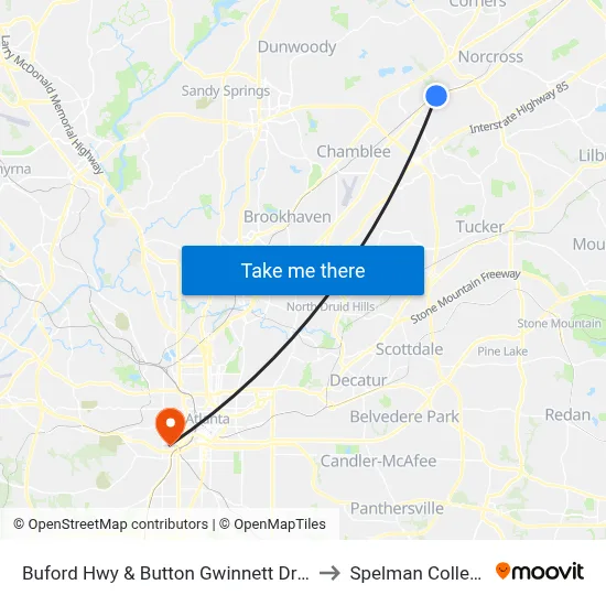 Buford Hwy & Button Gwinnett Dr Ib to Spelman College map