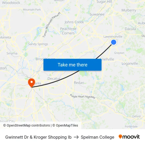 Gwinnett Dr & Kroger Shopping Ib to Spelman College map