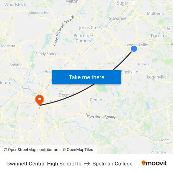 Gwinnett Central High School Ib to Spelman College map