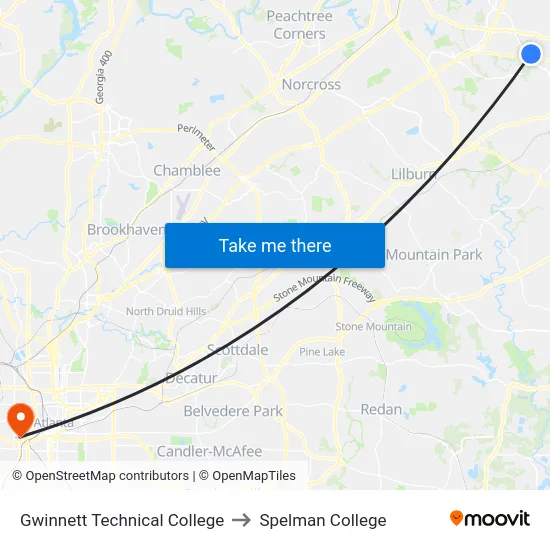 Gwinnett Technical College to Spelman College map