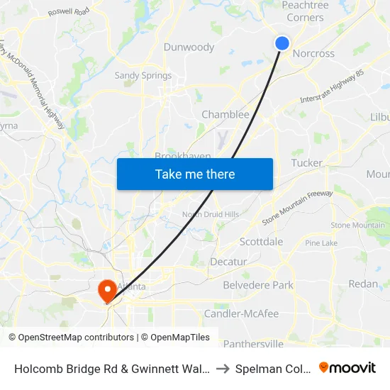 Holcomb Bridge Rd & Gwinnett Walk Plaza to Spelman College map