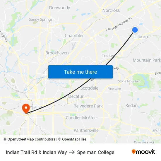 Indian Trail Rd & Indian Way to Spelman College map