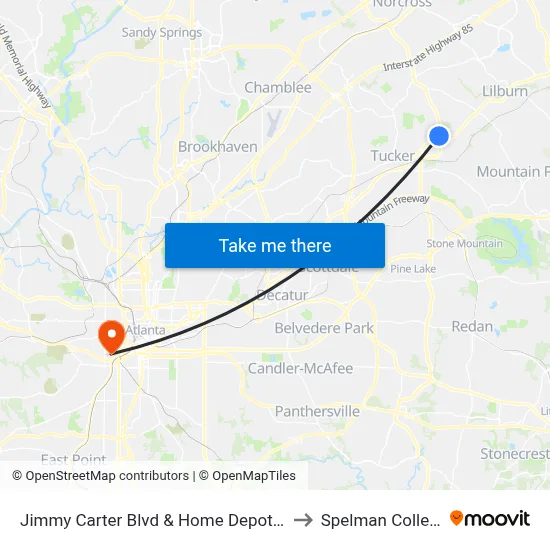 Jimmy Carter Blvd & Home Depot Ob to Spelman College map