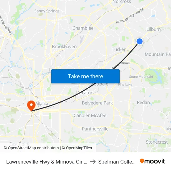 Lawrenceville Hwy & Mimosa Cir Ib to Spelman College map
