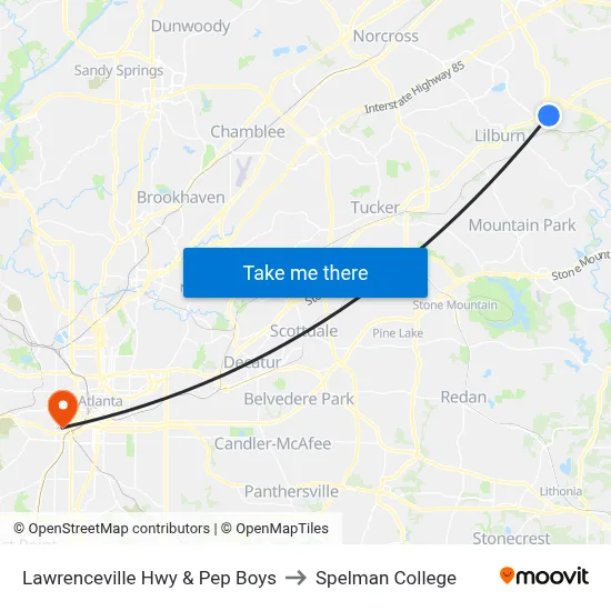 Lawrenceville Hwy & Pep Boys to Spelman College map