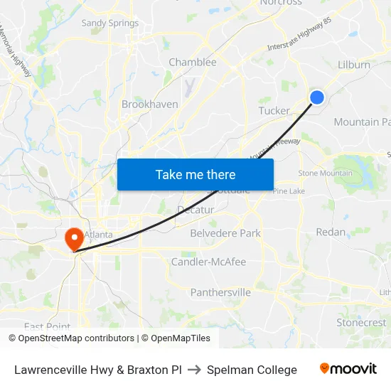 Lawrenceville Hwy & Braxton Pl to Spelman College map