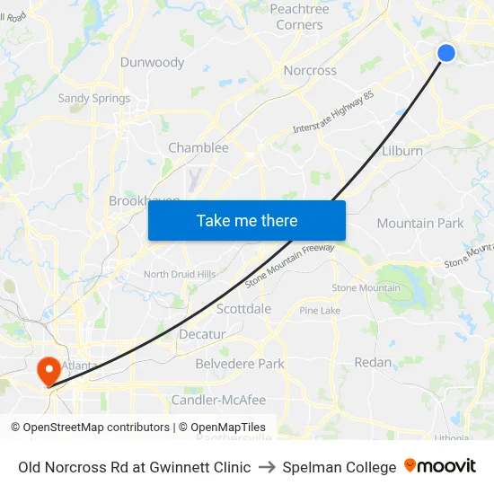 Old Norcross Rd at Gwinnett Clinic to Spelman College map