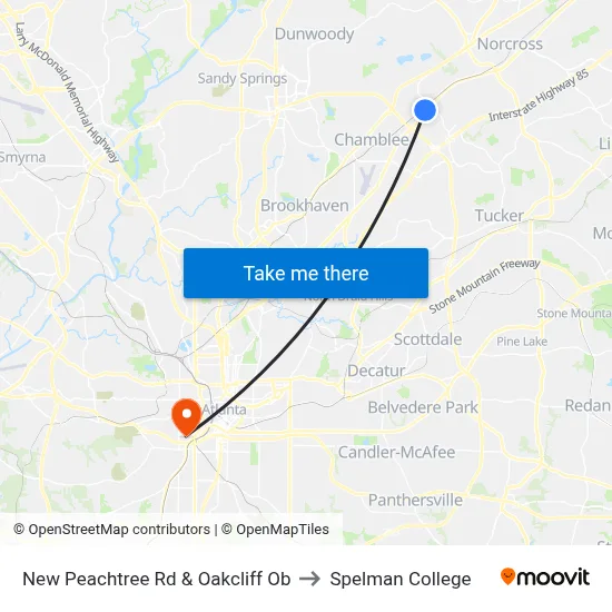 New Peachtree Rd & Oakcliff Ob to Spelman College map