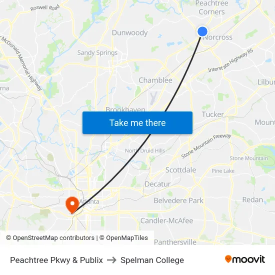 Peachtree Pkwy & Publix to Spelman College map