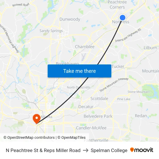 N Peachtree St & Reps Miller Road to Spelman College map