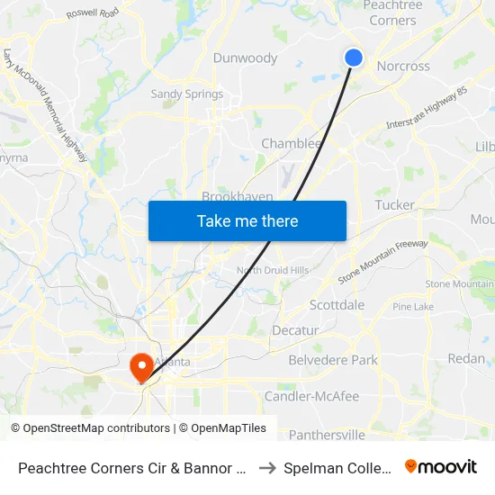 Peachtree Corners Cir & Bannor Ln to Spelman College map