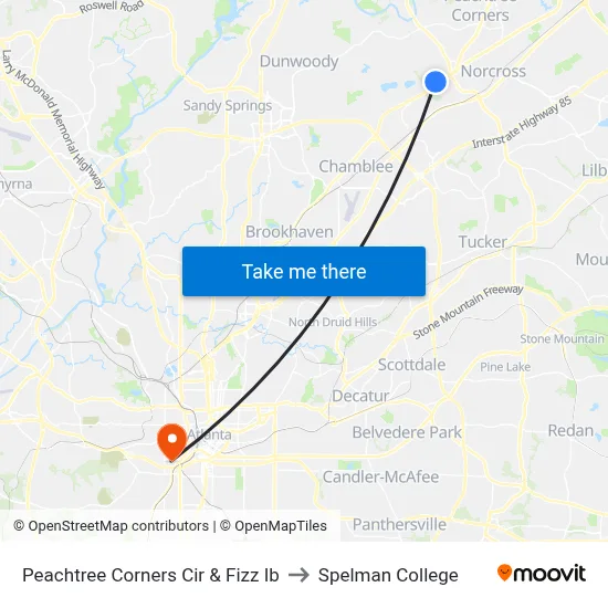 Peachtree Corners Cir & Fizz Ib to Spelman College map