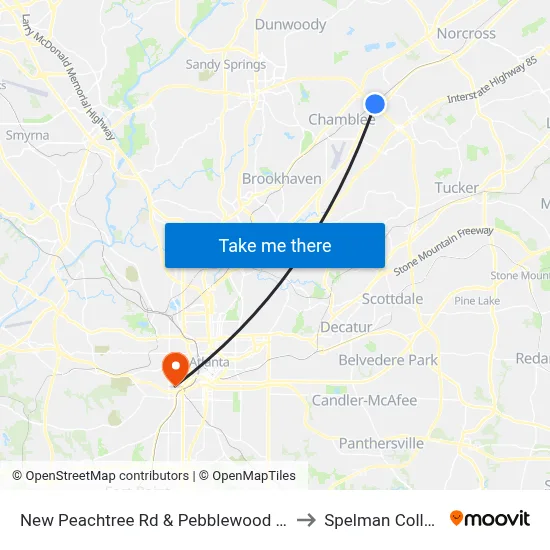 New Peachtree Rd & Pebblewood Apts to Spelman College map