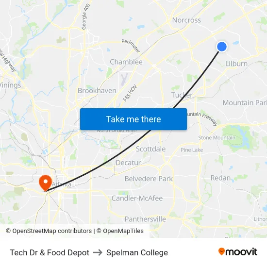 Tech Dr & Food Depot to Spelman College map