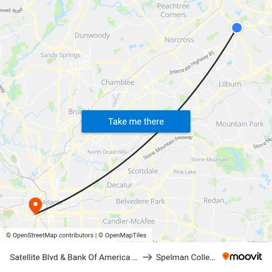 Satellite Blvd & Bank Of America Ib to Spelman College map