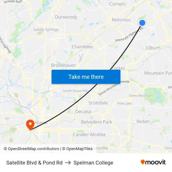 Satellite Blvd & Pond Rd to Spelman College map