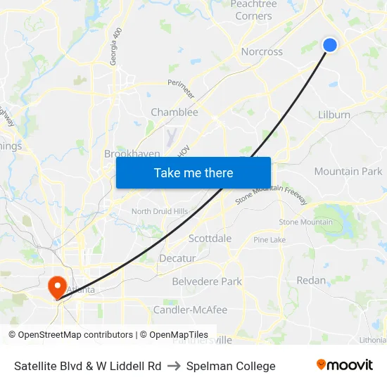 Satellite Blvd & W Liddell Rd to Spelman College map