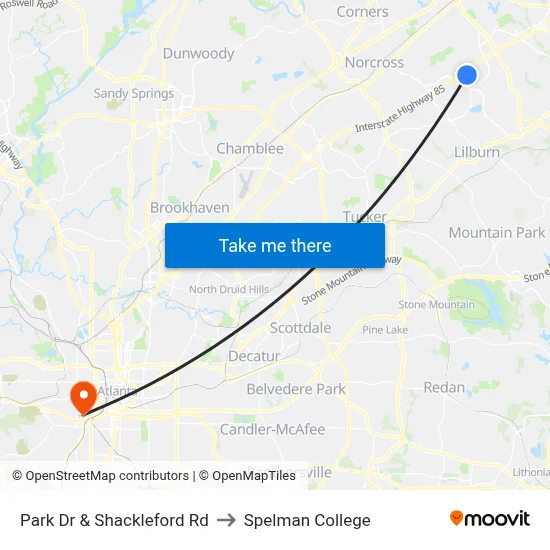 Park Dr & Shackleford Rd to Spelman College map