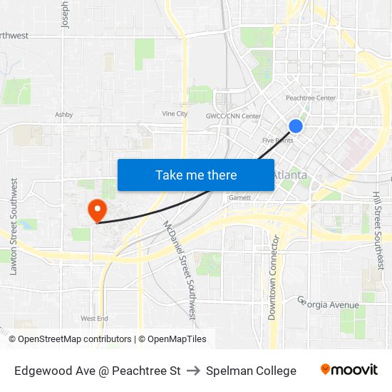 Edgewood Ave @ Peachtree St to Spelman College map