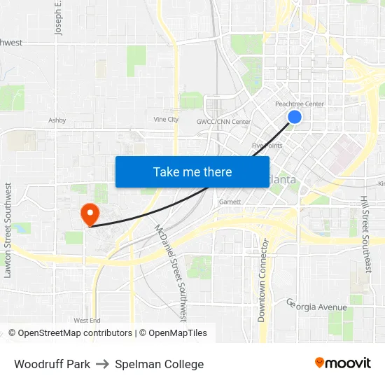 Woodruff Park to Spelman College map