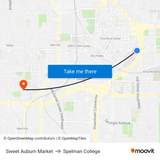 Sweet Auburn Market to Spelman College map