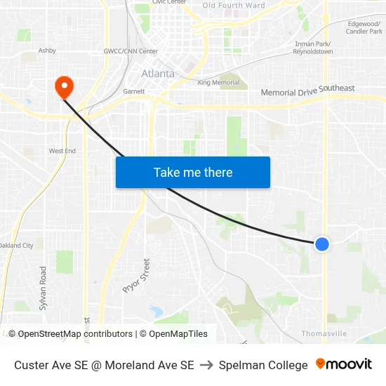 Custer Ave SE @ Moreland Ave SE to Spelman College map