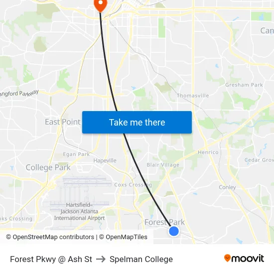 Forest Pkwy @ Ash St to Spelman College map