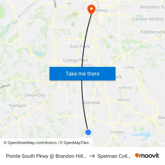 Pointe South Pkwy @ Brandon Hill Way to Spelman College map