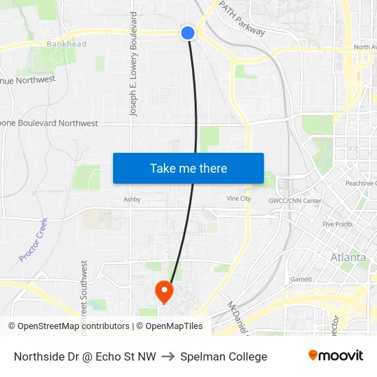 Northside Dr @ Echo St NW to Spelman College map