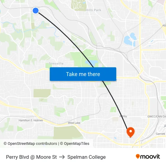 Perry Blvd @ Moore St to Spelman College map