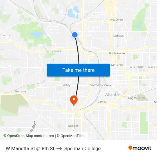 W Marietta St @ 8th St to Spelman College map