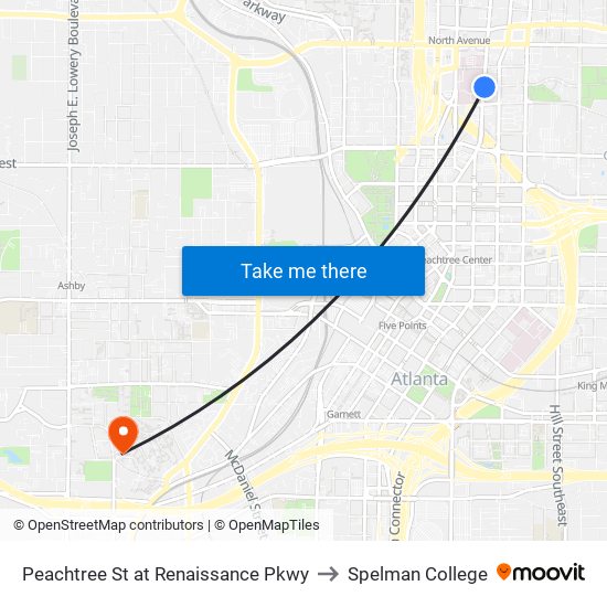 Peachtree St at Renaissance Pkwy to Spelman College map