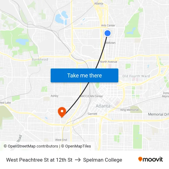 West Peachtree St at 12th St to Spelman College map
