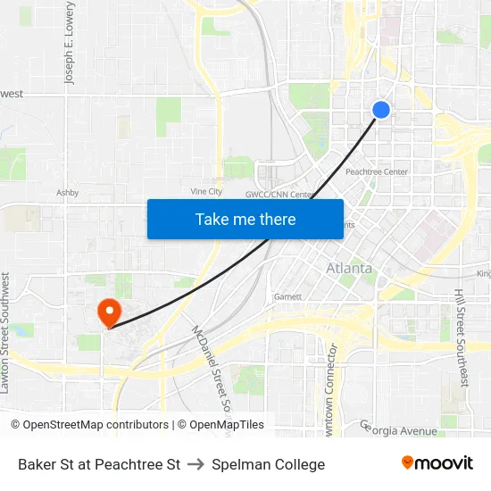 Baker St at Peachtree St to Spelman College map