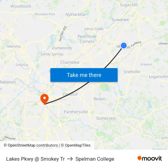 Lakes Pkwy @ Smokey Tr to Spelman College map