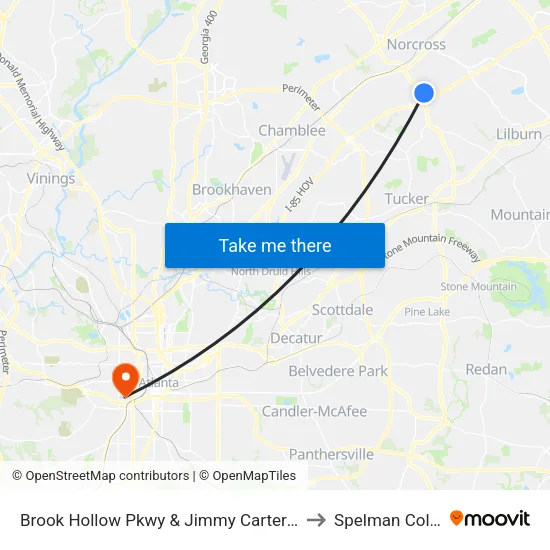 Brook Hollow Pkwy & Jimmy Carter Blvd Ob to Spelman College map