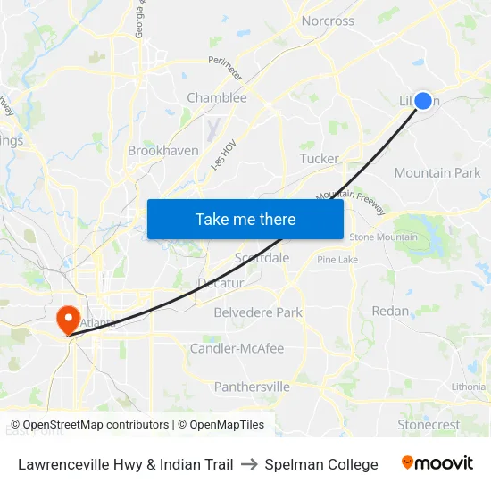 Lawrenceville Hwy & Indian Trail to Spelman College map