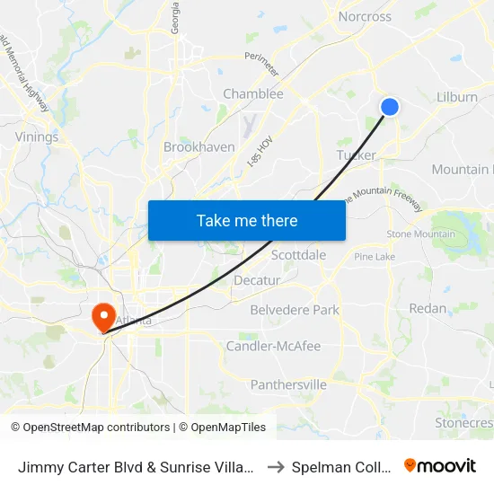 Jimmy Carter Blvd & Sunrise Village Ln to Spelman College map
