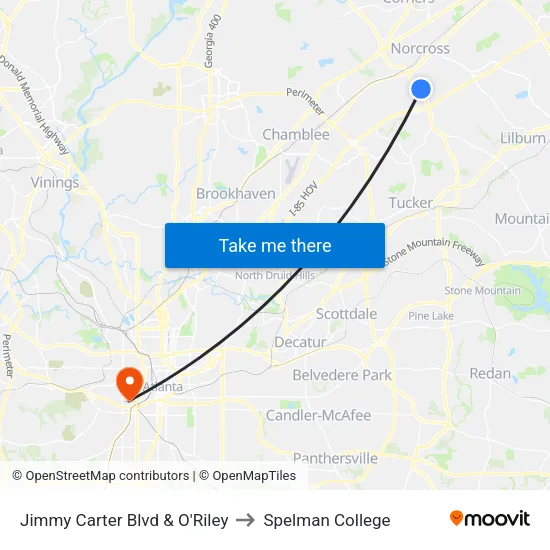 Jimmy Carter Blvd & O'Riley to Spelman College map