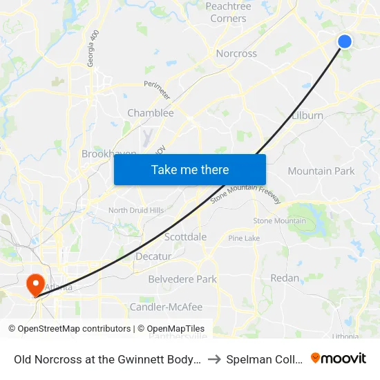 Old Norcross at the Gwinnett Body Shop to Spelman College map