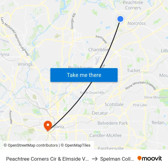 Peachtree Corners Cir & Elmside Villg Ln to Spelman College map