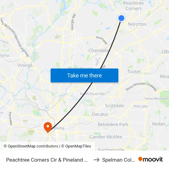 Peachtree Corners Cir & Pineland Woods D to Spelman College map