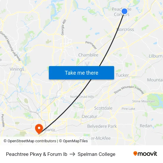 Peachtree Pkwy & Forum Ib to Spelman College map
