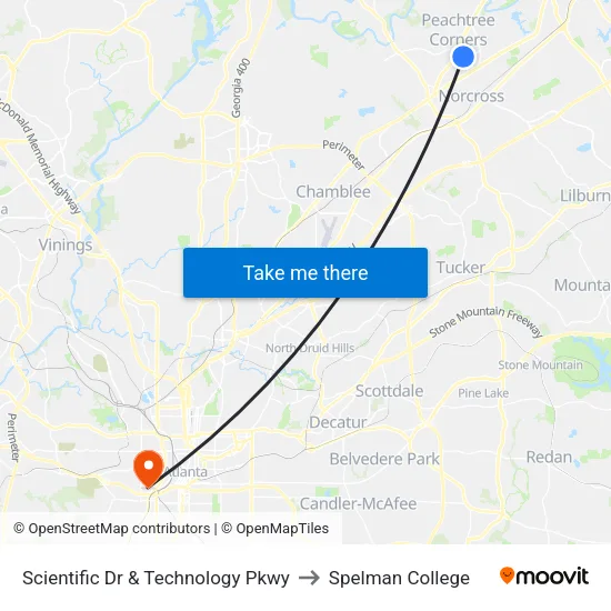 Scientific Dr & Technology Pkwy to Spelman College map