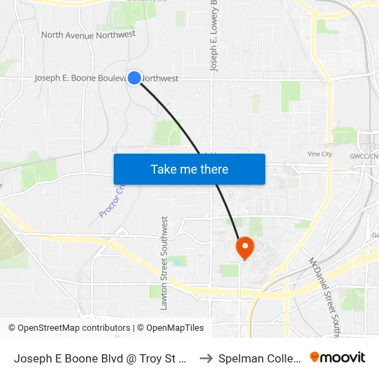 Joseph E Boone Blvd @ Troy St NW to Spelman College map
