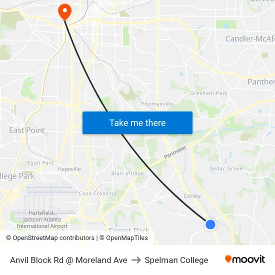 Anvil Block Rd @ Moreland Ave to Spelman College map