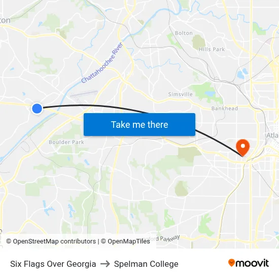 Six Flags Over Georgia to Spelman College map