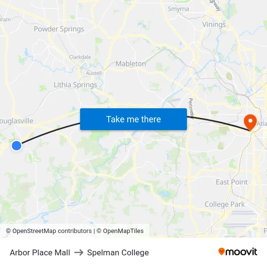 Arbor Place Mall to Spelman College map