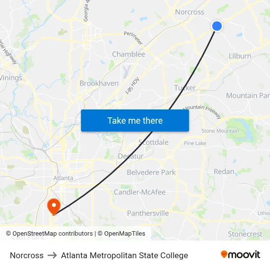 Norcross to Atlanta Metropolitan State College map